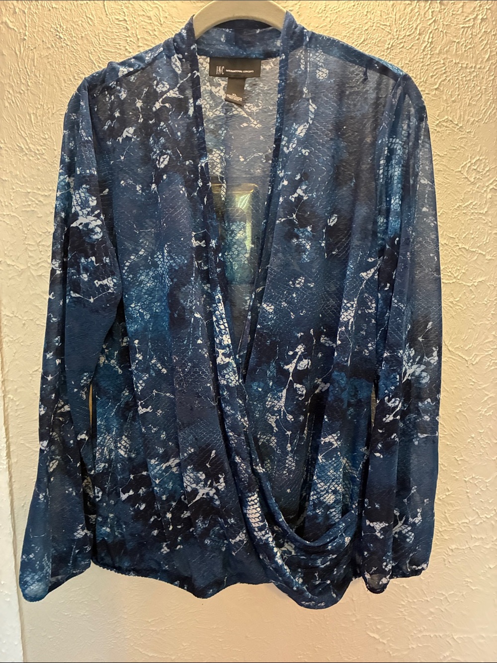 INC International Concepts Navy and White Abstract Drape-Front Blouse